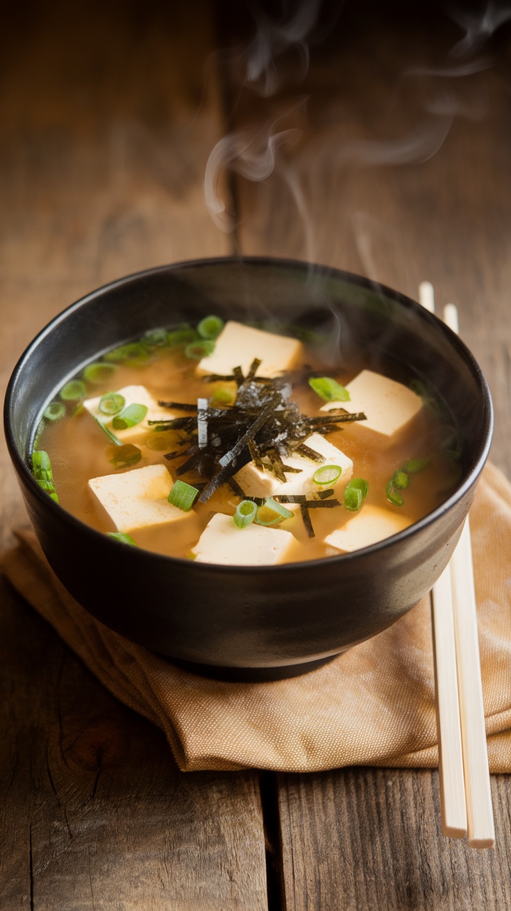 A comforting bowl of miso soup with tofu and seaweed on a wooden table, ready to be enjoyed.